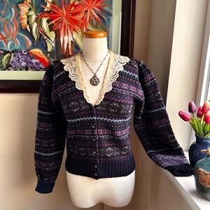 Ralph Lauren Sweater Fair Isle Vintage Sweater w/Antique Lace Collar - S - c1979